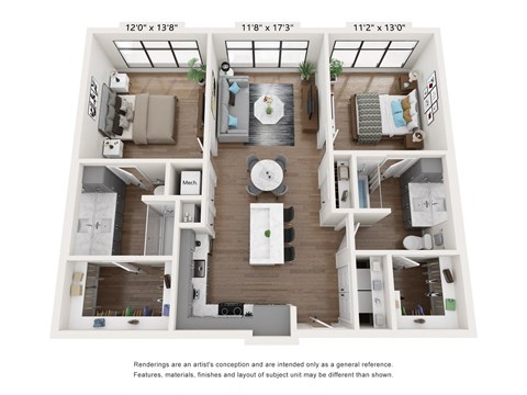 Floor plan for 2 beds, 2 baths, 1086 sqft